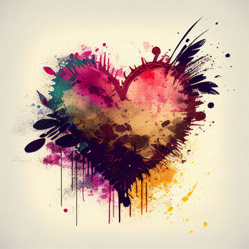 Square image Watercolor Valentine's Heart with Drips and Spatters created with Generative AI