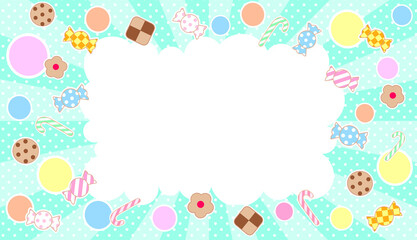 サンバーストとドットに丸とお菓子をちりばめたカラフルな背景にもこもこの吹き出し―フレーム
