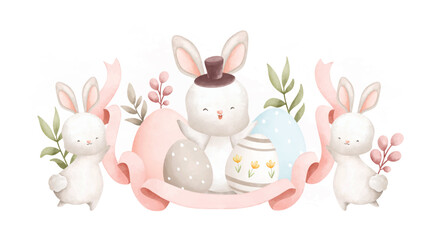 Watercolor Illustration Easter rabbit and Easter egg in the garden
