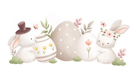 Watercolor Illustration Easter rabbit and Easter egg in the garden