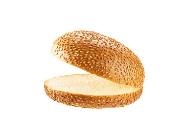 Open and empty burger bread isolated on white background. opened burger buns with sesame seeds.