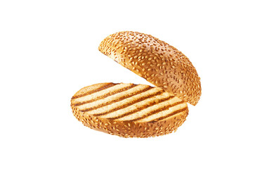 Open grilled burger bun or burger bread isolated on white background. Fresh tasty burger bread isolated