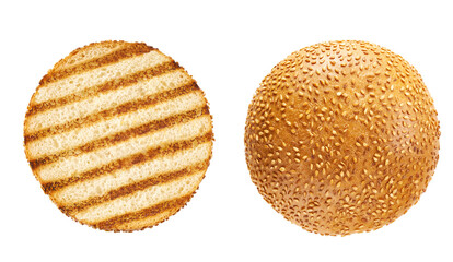 Grilled burger bun isolated on white background, top view.