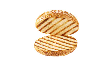 empty grilled burger bun or burger bread isolated on white background. Roasted toasted burger bun.