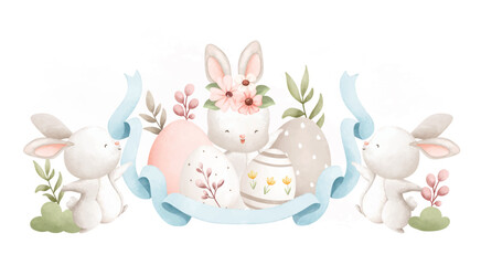 Watercolor Illustration Easter rabbit and Easter egg in the garden