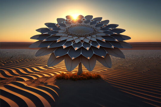 Solar flower blossoming. The benefits of clean energy