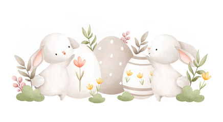 Watercolor Illustration Easter rabbit and Easter egg in the garden