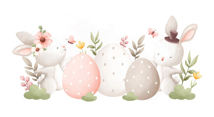 Watercolor Illustration Easter rabbit and Easter egg in the garden