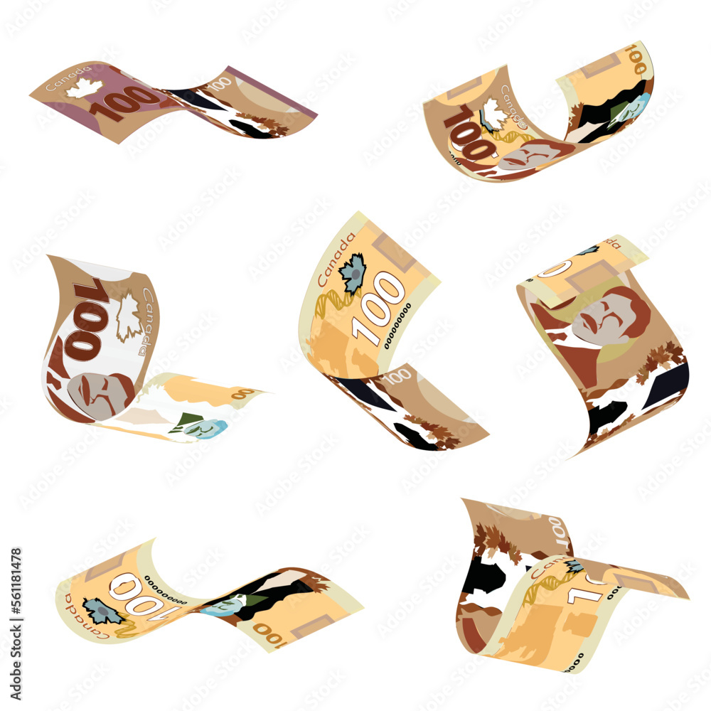 Poster vector illustration of canadian dollar notes flying in different angles and orientations. scalable a