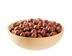 Peeled hazelnuts in a wooden bowl isolated on white.Front view.