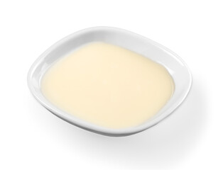 Close-up of tasty soup in white plate isolated on white background