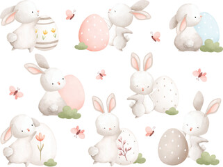 Watercolor Illustration set of Easter rabbit and Easter egg