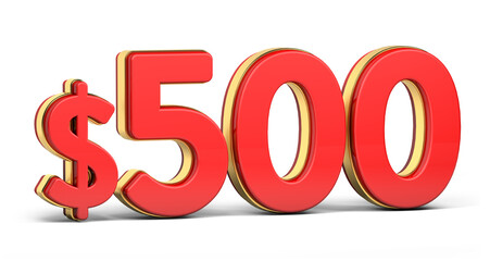 3d golden $500 isolated on background. 3d illustration.