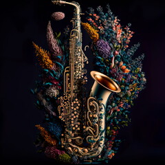 Fototapeta na wymiar Saxophone in flowers, isolated on black, creative concept. Generative AI