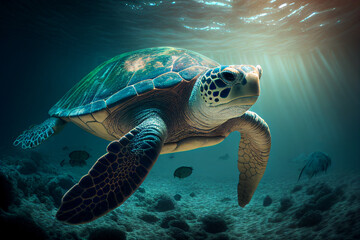 Naklejka na ściany i meble a turtle swimming under the sea, light shines through the sea With Generative AI