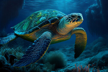 Naklejka na ściany i meble a turtle swimming under the sea With Generative AI