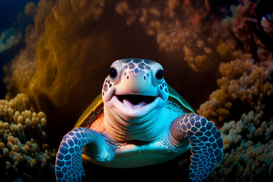 a turtle smile swimming under the sea With Generative AI