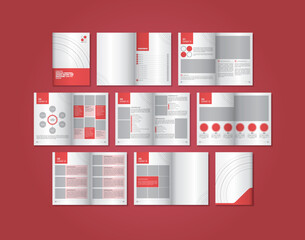 Multi-page design template layout with red theme color and has 14 pages. Template layout of book, annual report, proposal, magazine and brochure.