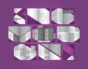 Multi-page design template layout with purple theme color and has 14 pages. Template layout of book, annual report, proposal, magazine and brochure.