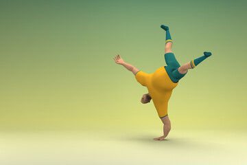 An athlete wearing a yellow shirt and green pants. He is doing exercise. 3d rendering of cartoon character in acting.