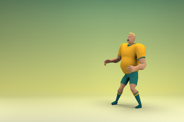 An athlete wearing a yellow shirt and green pants. He is doing exercise. 3d rendering of cartoon character in acting.