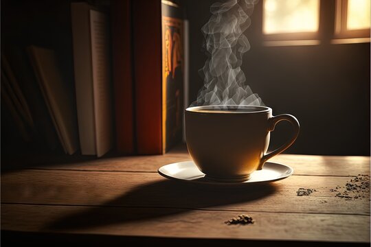  a cup of coffee with steam rising from it on a saucer on a table in a dark room with books and a window behind it is a bookcase with a light coming from.