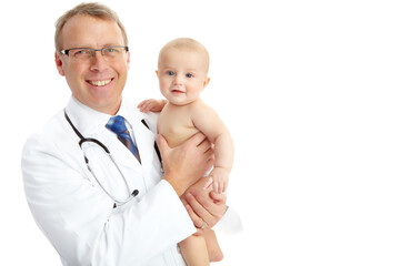 Portrait, doctor and man with baby in studio isolated on a white background mockup. Face, healthcare and happy medical worker, physician and mature male pediatrician holding infant, kid or toddler.