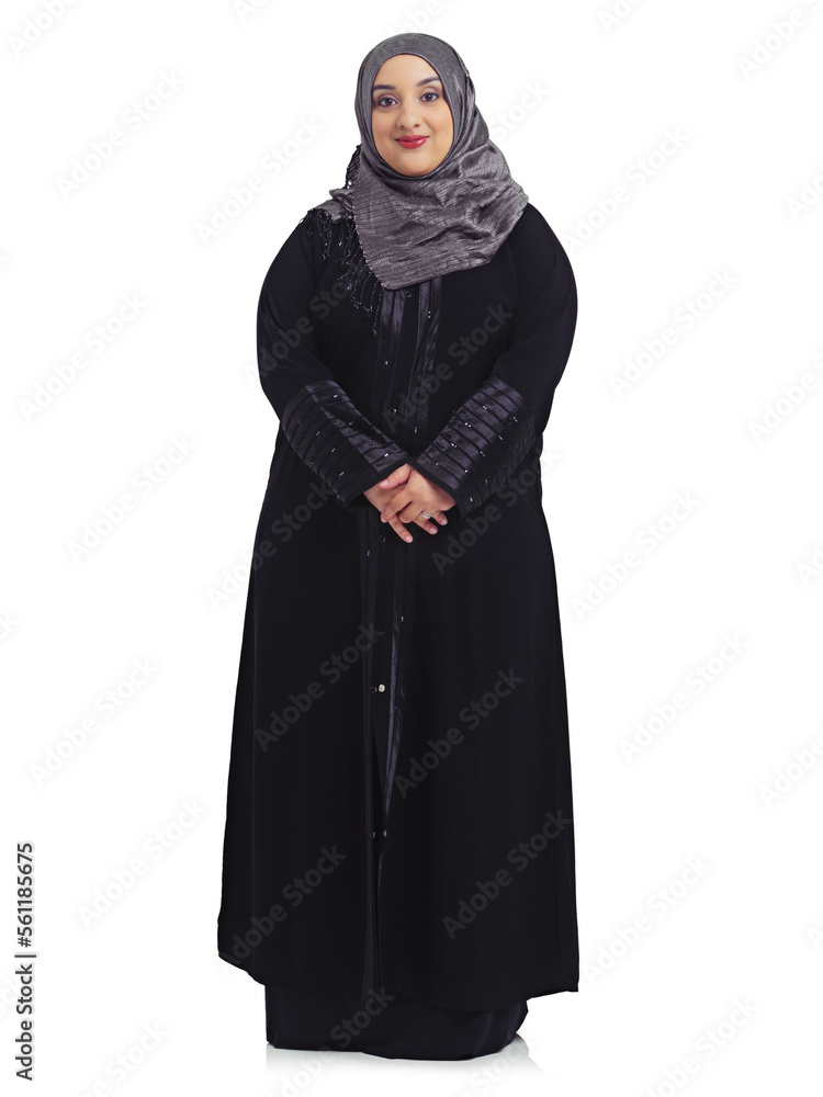 Wall mural Fashion, Muslim and portrait of woman on a white background with confidence, elegance and empowerment. Culture, religion and female model isolated in studio with Islamic, cultural and Arabian clothes