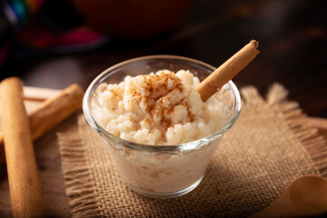 Rice pudding. Sweet dish made by cooking rice in milk and sugar, some recipes include cinnamon,...