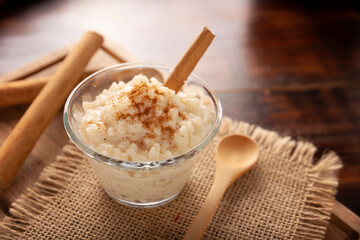 Rice pudding. Sweet dish made by cooking rice in milk and sugar, some recipes include cinnamon, vanilla or other ingredients, it is a very easy dessert to make and very popular all over the world.