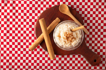 Rice pudding. Sweet dish made by cooking rice in milk and sugar, some recipes include cinnamon, vanilla or other ingredients, it is a very easy dessert to make and very popular all over the world.