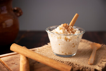 Rice pudding. Sweet dish made by cooking rice in milk and sugar, some recipes include cinnamon, vanilla or other ingredients, it is a very easy dessert to make and very popular all over the world.