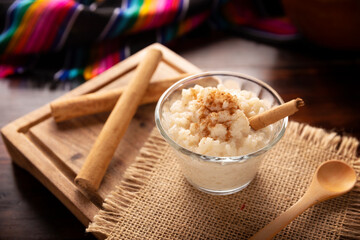 Rice pudding. Sweet dish made by cooking rice in milk and sugar, some recipes include cinnamon, vanilla or other ingredients, it is a very easy dessert to make and very popular all over the world.