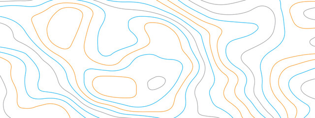 Orange, white and blue wavy abstract topographic map contour, lines Pattern background. Topographic map and landscape terrain texture grid. Wavy banner and color geometric form. Vector illustration.