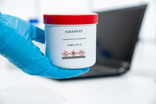 NH4NO3 ammonium nitrate CAS 6484-52-2 chemical substance in white plastic laboratory packaging