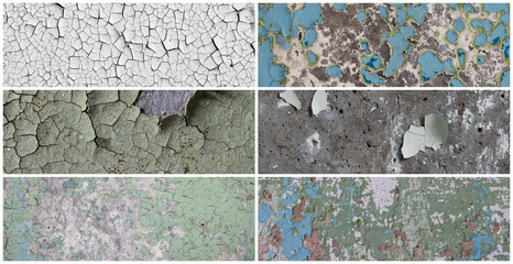 Set of peeling paint textures. Old concrete walls with cracked flaking paint. Weathered rough painted surfaces with patterns of cracks and peeling. Collection of panoramic backgrounds for design.