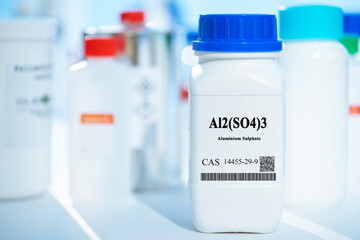 Al2(SO4)3 aluminium sulphate CAS 14455-29-9 chemical substance in white plastic laboratory packaging