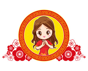 Pretty Chinese girl in mandarin gown with Chinese new year festival with space frame