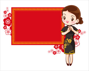 Pretty Chinese girl in mandarin gown with Chinese new year festival with space frame