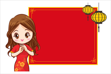 Pretty Chinese girl in mandarin gown with Chinese new year festival with space frame