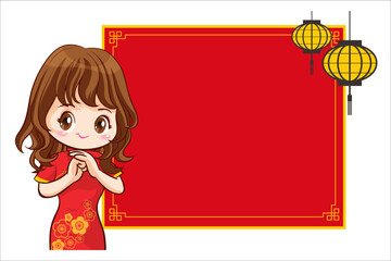 Pretty Chinese girl in mandarin gown with Chinese new year festival with space frame