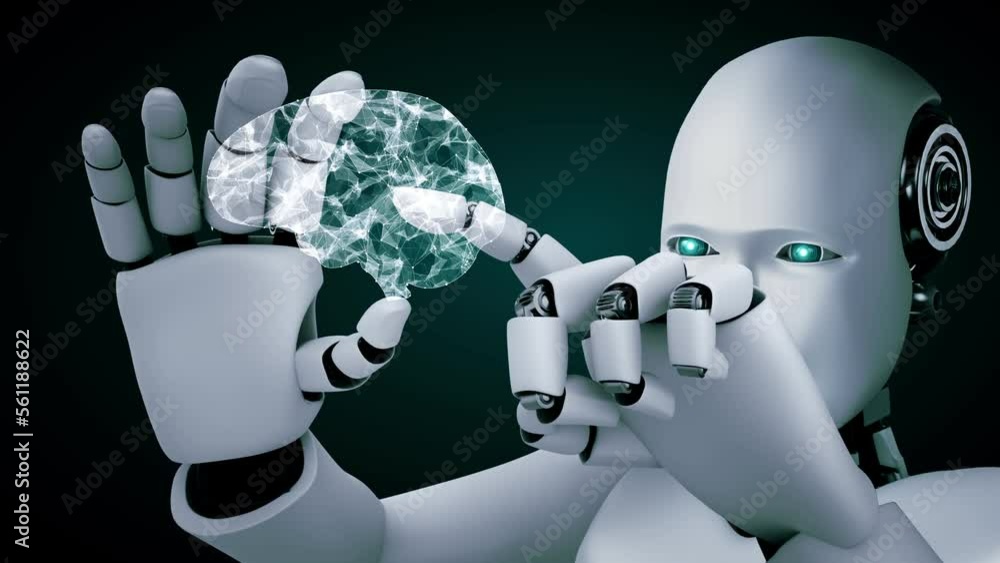 Aufkleber robot hominoid hold hud hologram screen in concept of ai thinking brain, artificial intelligence and