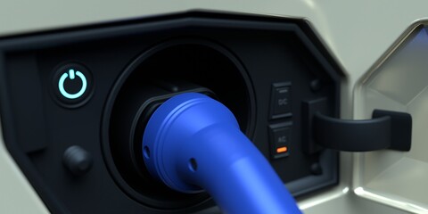 Hybrid car charger plug in closeup 3d rendering illustration. Conceptual electric car or vehicle charging supply.