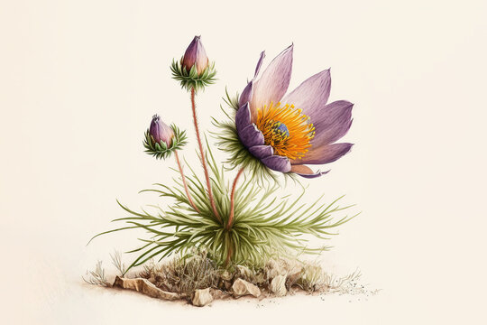 Pasque flower, Pulsatilla - Watercolour (Generative Art)