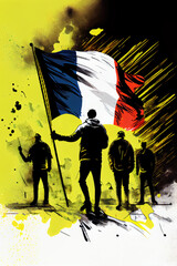 Manifestations en France. Gilets jaunes en grève. Réforme des retraites. Mouvement social, mobilisation générale. Illustration style dessin à la main. Generative AI
