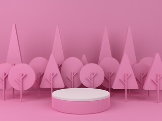 3D minimalist podium with pink tree background for product display. Nature background with pastel colors and empty podium. 3D render.