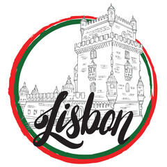 Emblem of Lisbon, Portugal, Belem Tower, lettering, travel invitation