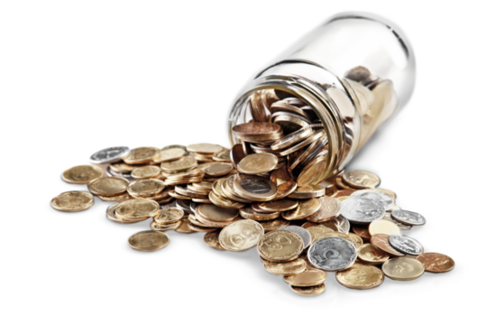 Money jar with many metal coins
