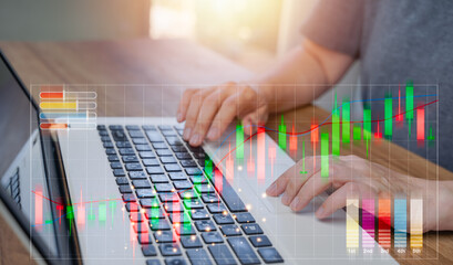 Business, finance and investment, forex trading, currency exchange, economic growth, stock market analysis concept. Woman using laptop checking stock market graph report, Analysis of global business.