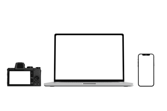 Laptop Camera and Smartphone Technology set with transparent mockup vector. PNG	
